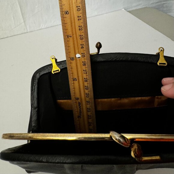 Liebermanns Lansing Michigan Black Leather Evening Clutch Dainty Gray Gold Chain - Picture 9 of 10